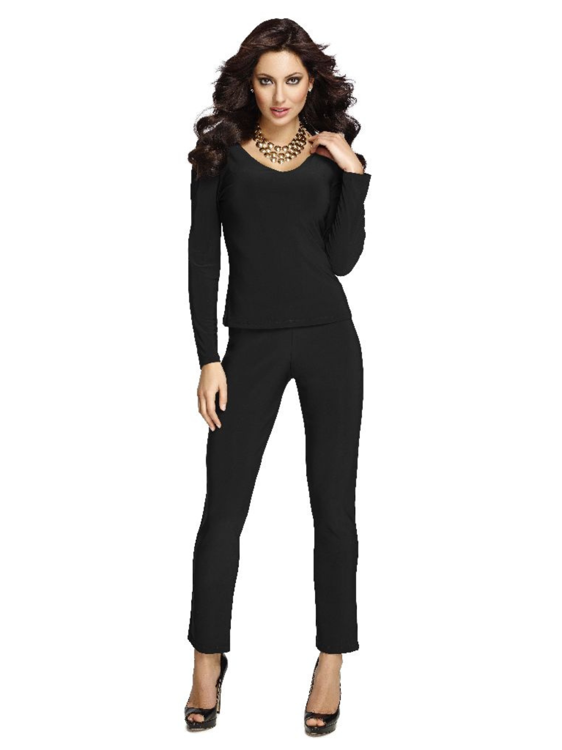 Frank Lyman 082 Black Trousers – women’s slim-leg black trousers with stretch fabric, elegant tailored fit and versatile day-to-night styling. Perfect for workwear, evening outfits, and timeless wardrobe staples.