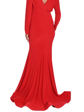 Load image into Gallery viewer, Frank Lyman 249005 Red Evening Dress – elegant long red gown with V-neckline, ruched waist, and fishtail hem. Perfect for black-tie events, formal occasions, and evening glamour.
