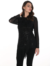 Load image into Gallery viewer, Frank Lyman 249413U Black Tassel Top – women’s sequin tassel top with long sleeves and elegant sparkle detail. Perfect for party wear, evening styling, and special occasion outfits.
