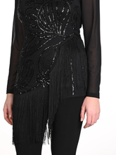 Load image into Gallery viewer, Frank Lyman 249413U Black Tassel Top – women’s sequin tassel top with long sleeves and elegant sparkle detail. Perfect for party wear, evening styling, and special occasion outfits.
