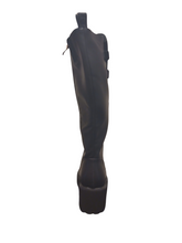 Load image into Gallery viewer, Heavenly Feet Foxtail Black knee-high wedge boots with faux leather finish, elasticated back panel, side zip and rugged sole - stylish women’s winter boots.
