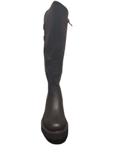 Load image into Gallery viewer, Heavenly Feet Foxtail Black knee-high wedge boots with faux leather finish, elasticated back panel, side zip and rugged sole - stylish women’s winter boots.
