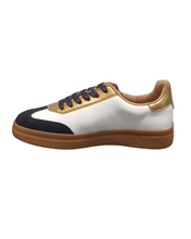 Load image into Gallery viewer, Heavenly Feet Steffi White Black Gold women’s trainers with red HF logo, stylish lace-up sneakers with cushioned insoles and lightweight sole.
