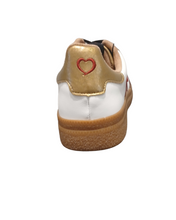 Load image into Gallery viewer, Heavenly Feet Steffi White Black Gold women’s trainers with red HF logo, stylish lace-up sneakers with cushioned insoles and lightweight sole.
