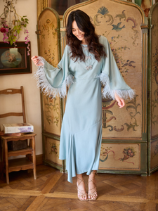 Hope & Ivy LUCIA blue midi occasion dress with feather-trimmed sleeves and embellished bows, perfect for Christmas parties, winter weddings and evening events.