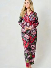 Load image into Gallery viewer, Hope &amp; Ivy Marianna Silk Compton Pyjamas – luxury satin pyjama set featuring William Morris’ Compton print with red piping, includes matching fabric bag, perfect for gifting or lounging.
