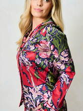 Load image into Gallery viewer, Hope &amp; Ivy Marianna Silk Compton Pyjamas – luxury satin pyjama set featuring William Morris’ Compton print with red piping, includes matching fabric bag, perfect for gifting or lounging.

