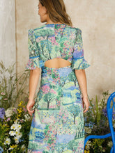 Load image into Gallery viewer, Hope &amp; Ivy Blake Landscape Print Dress – women’s floral landscape print dress with plunge neckline, fluted lace-trim sleeves, and open back. Inspired by Monet’s gardens. Perfect for weddings and summer events.
