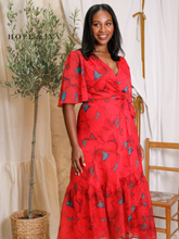 Load image into Gallery viewer, Hope &amp; Ivy Delia Red Flutter Sleeve Maxi Wrap Dress – sustainable women’s red floral chiffon wrap dress with flutter sleeves and tie waist. Perfect for weddings, garden parties, and special occasions.
