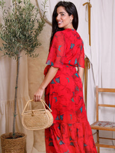 Hope & Ivy Delia Red Flutter Sleeve Maxi Wrap Dress – sustainable women’s red floral chiffon wrap dress with flutter sleeves and tie waist. Perfect for weddings, garden parties, and special occasions.