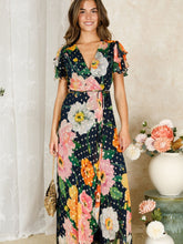 Load image into Gallery viewer, Hope &amp; Ivy Marlene Floral Dress – floral wrap maxi dress with pink, orange and ivory blooms, gold Lurex detail, flutter sleeves and tie waist. Perfect for weddings, garden parties and summer events.
