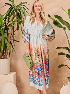 Hope & Ivy Nora Blue Kimono Sleeve Adjustable Tie Waist Midi Dress – women’s blue underwater print dress with beaded sleeves, tie waist and front split. Perfect for summer occasions and holidays.