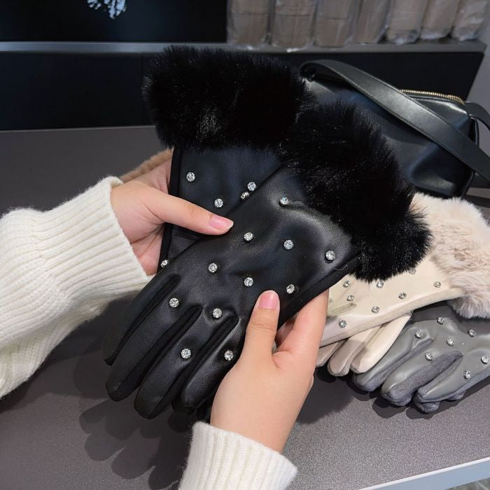 PCHA - Faux Leather Cyrstal Gloves