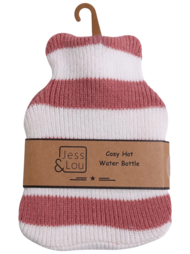 Jess & Lou CC110 Pink & White Stripe Mini Hot Water Bottle with soft rib-knit cover, 500ml capacity, also available in taupe and cornflower blue.