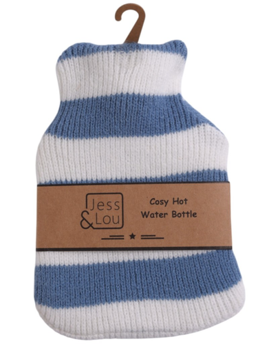 Jess & Lou CC110 Cornflower Blue & White Stripe Mini Hot Water Bottle with rib-knit cover, 15cm x 21cm size and 500ml capacity, also available in taupe and pink.