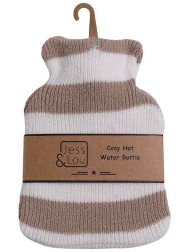 Jess & Lou CC110 Taupe & White Stripe Mini Hot Water Bottle with soft rib-knit cover, 15cm x 21cm size and 500ml capacity, also available in pink and cornflower blue.