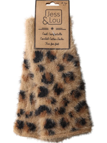 Jess & Lou GL290 tan leopard print fingerless gloves – women’s fluffy knit gloves with animal print design.