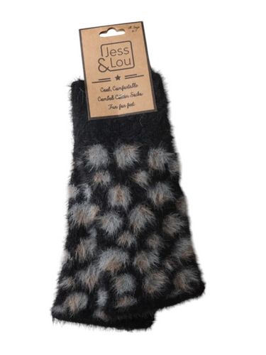 Jess & Lou GL291 black leopard print fingerless gloves – women’s fluffy knit winter gloves with animal print design.