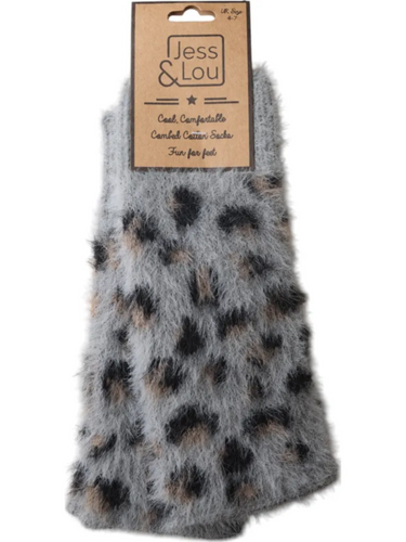 ess & Lou GL292 grey leopard print fingerless gloves – women’s fluffy knit gloves with animal print design.