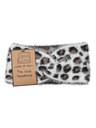 Jess & Lou HL828 cream animal print headband in soft knit – women’s cosy winter headband for warmth and style