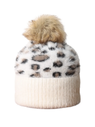 Jess & Lou HL873 cream leopard print bobble hat with fluffy pom-pom – cosy women’s winter accessory for stylish cold-weather outfits.