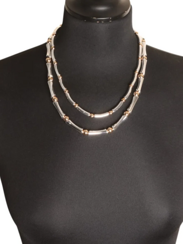 Jess & Lou NK406M Two-Strand Mixed Beaded Necklace – women’s layered necklace with silver-effect tube bars and gold-effect beads, a versatile jewellery piece for day-to-night styling.