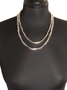 Jess & Lou NK406M Two-Strand Mixed Beaded Necklace – women’s layered necklace with silver-effect tube bars and gold-effect beads, a versatile jewellery piece for day-to-night styling.