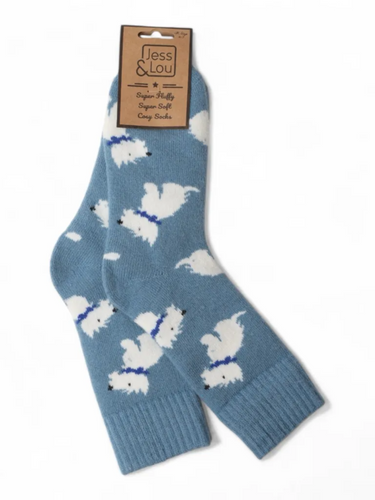 Jess & Lou SL357 cornflower ribbed Westie socks with dog print – women’s cosy socks UK 4-7