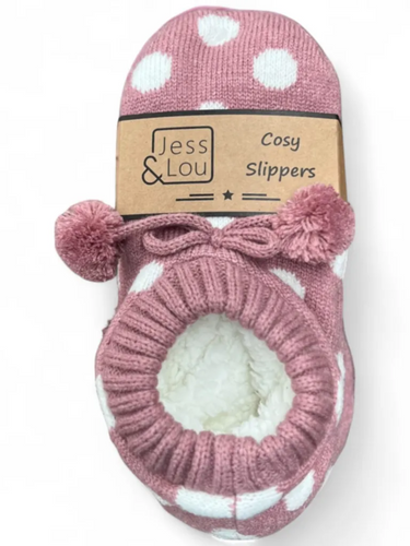 Jess & Lou SL631 pink and white spotty cosy slippers with pom poms – women’s soft slipper socks for warmth and comfort at home