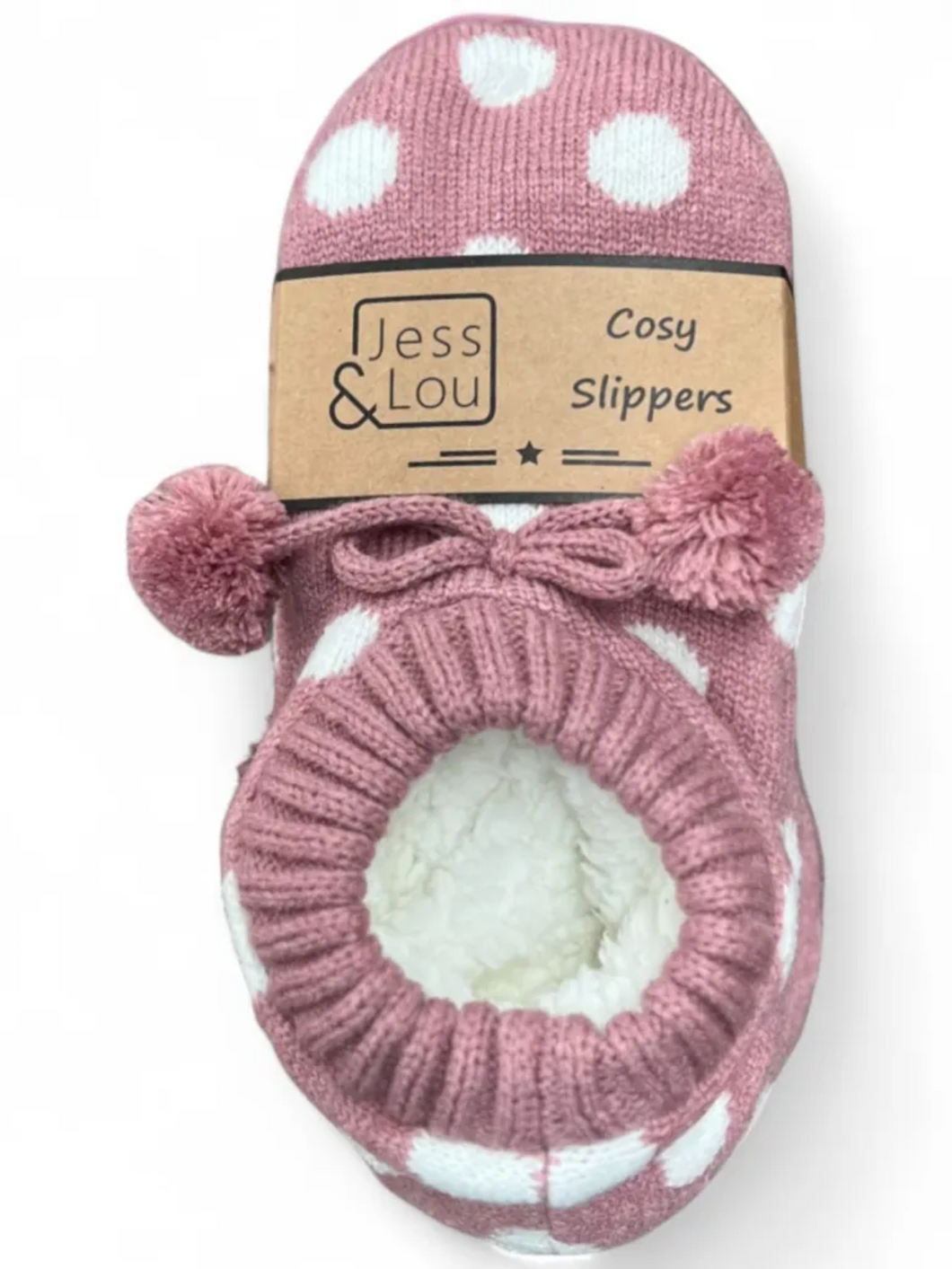 Jess & Lou SL631 pink and white spotty cosy slippers with pom poms – women’s soft slipper socks for warmth and comfort at home