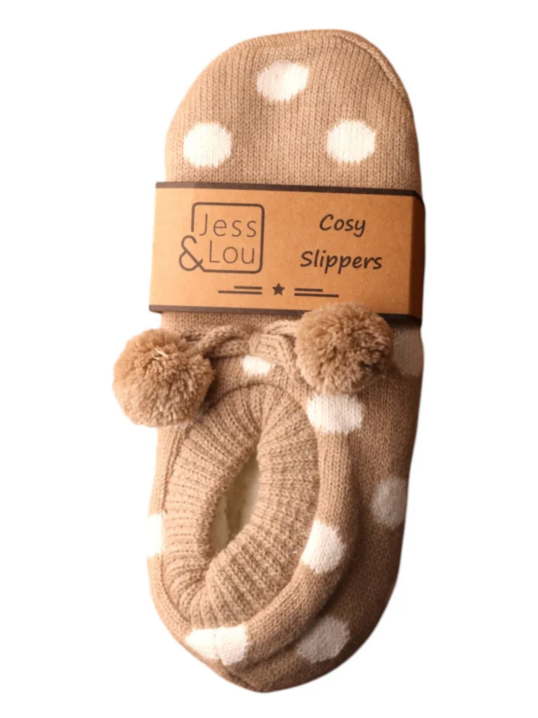 Jess & Lou SL638 Taupe and white spotty cosy slippers with pom poms – women’s soft slipper socks for warmth and comfort at home