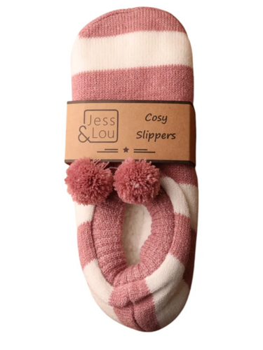Jess & Lou SL731 pink and white stripe cosy slippers with pom poms – women’s soft slipper socks for warmth and comfort at home