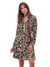 Load image into Gallery viewer, Women’s leopard print dress in beige and black with keyhole neckline and necktie, long sleeves and flattering fit-and-flare silhouette - perfect for stylish daywear or special occasions.
