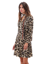 Load image into Gallery viewer, Women’s leopard print dress in beige and black with keyhole neckline and necktie, long sleeves and flattering fit-and-flare silhouette - perfect for stylish daywear or special occasions.
