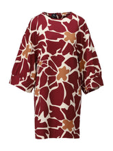 Load image into Gallery viewer, Women’s shift dress with burgundy and caramel abstract floral print, three-quarter balloon sleeves, and relaxed fit for effortless day-to-evening style.
