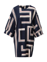 Load image into Gallery viewer, K Design B330 women’s shift dress in navy with cream and gold geometric print, three-quarter sleeves and above-the-knee length - chic autumn styling.
