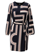 Load image into Gallery viewer, K Design B334 women’s geometric print dress in navy, red and blush with belted waist, long sleeves and above-the-knee length - chic day-to-night style.
