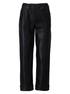 K Design B758 women’s vegan leather trousers in black with elasticated waist, straight-leg fit and cropped cuffed hem - sleek smart-casual style.