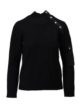 Load image into Gallery viewer, K Design B841 women’s knit sweater with gold-tone shoulder and sleeve button detail, high neckline and relaxed fit - chic autumn-winter style.
