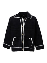 Load image into Gallery viewer, K Design B846 women’s black and white cardigan with contrast trim, gold-tone buttons, and front pockets - timeless knitwear for layering in autumn-winter.

