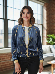 LUXTYLE CELIA Navy Satin Bomber Jacket with contrast ribbed trim, zip fastening and drawstring hem.