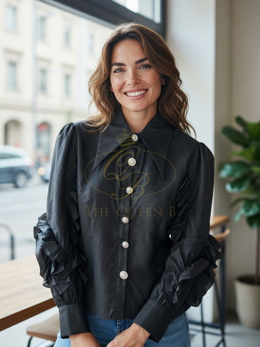 LUXTYLE RUTH Black Statement Shirt  with oversized collar, diamanté buttons and ruffle sleeve design.