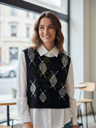LUXTYLE TINA Black Sleeveless Knit 
Vest with delicate beaded embellishments, perfect for layering.