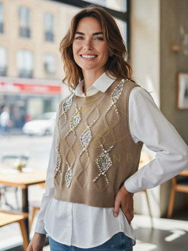 LUXTYLE TINA Stone Sleeveless Knit 
Vest with delicate beaded embellishments, perfect for layering.