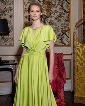 Load image into Gallery viewer, Maisonel ME3003 Lime Dress – women’s satin occasion dress in vibrant lime with flutter sleeves, gathered waist detail, and asymmetric hemline. Perfect for weddings and formal events.
