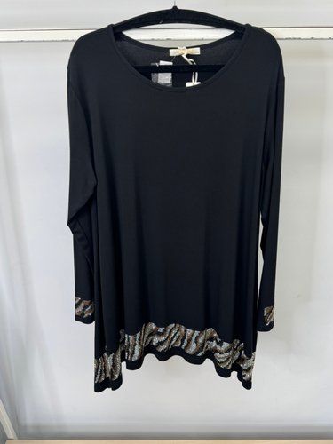 Malissa J black embellished top with metallic animal-print hem and cuffs – women’s long sleeve round neck blouse for casual chic and evening glamour.