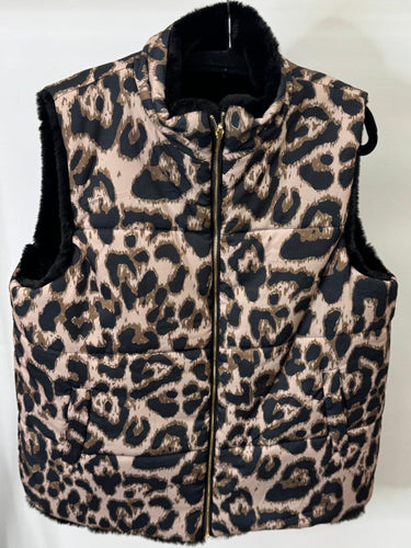 Leopard print vest with black interior on a white background