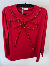 Load image into Gallery viewer, Malissa J WF2503 wine red sequin bow top – women’s festive long sleeve party knit
