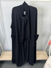 Load image into Gallery viewer, Malissa J WF2639 black long knitted coatigan and matching scarf—women’s two-piece knitwear set with studded pocket trim.
