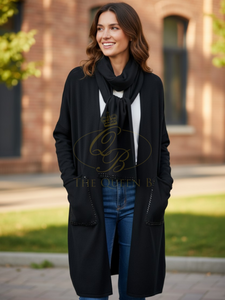 Malissa J WF2639 black long knitted coatigan and matching scarf—women’s two-piece knitwear set with studded pocket trim.